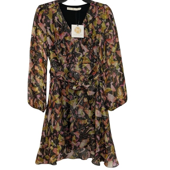 NWT Marie Oliver Metallic Black Fruity Print Wiley Mini Faux Wrap Dress - Picture 2 of 12